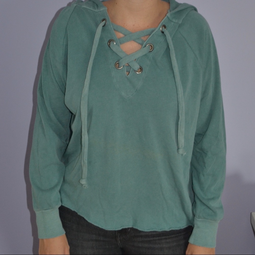 Wildfox Teal Lace Up Hoodie French Terry